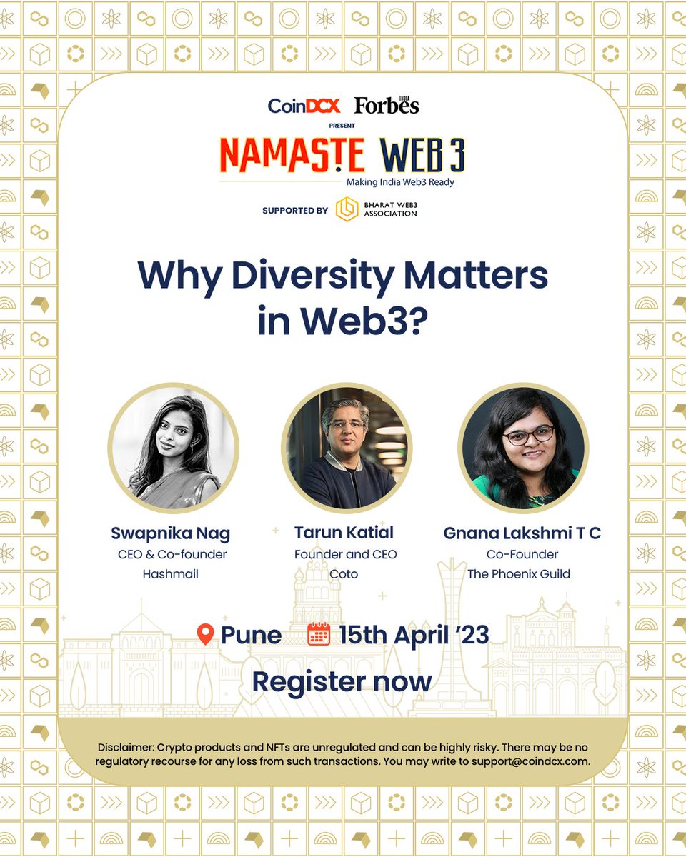 CoinDCX's tweet photo. Lastly, a panel discussion about bringing diversity in Web3 & how it can be a benefit for future development with industry experts such as @SwapnikaNag1, @tarunkatial & @gyanlakshmi
Register now if you haven't already - https://t.co/EYlkItiAsY
#Web3FutureofInternet @Okto_app https://t.co/8bFBNY7VmW