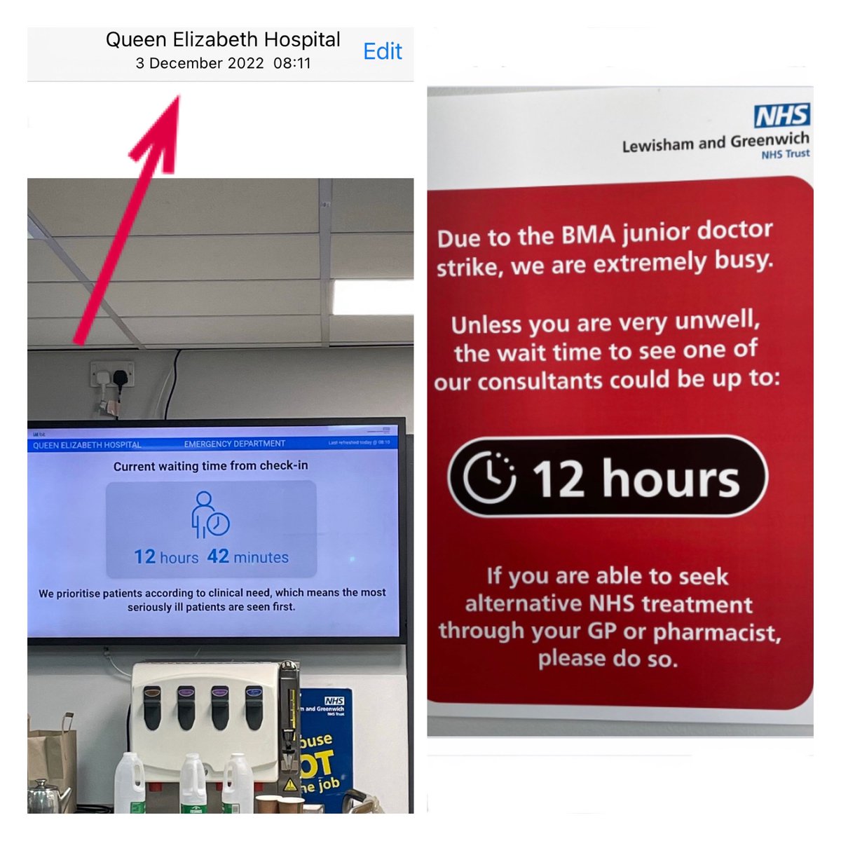 Right: posters up this week at QEH warning patients of 12 hour waits to be seen, referencing junior doctor strikes. Left: a photo I took in the same A&E department in December with no strikes and normal staffing. The NHS is in crisis every day. We have to hold on to our doctors.
