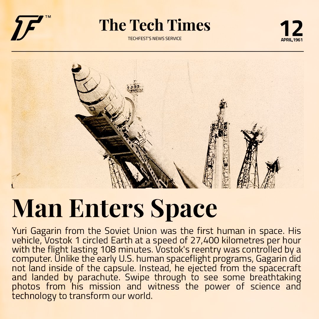 Techfest_IITB's tweet photo. On this day in 1961, cosmonaut #YuriGagarin became the first human being to journey into outer #Space showing us what is possible when we dare to dream big and push the limits of #Science and #technology
#Techfest #IITBombay #dreamon #firsthumaninspace  #astronaut #history https://t.co/08AR6SNrh0