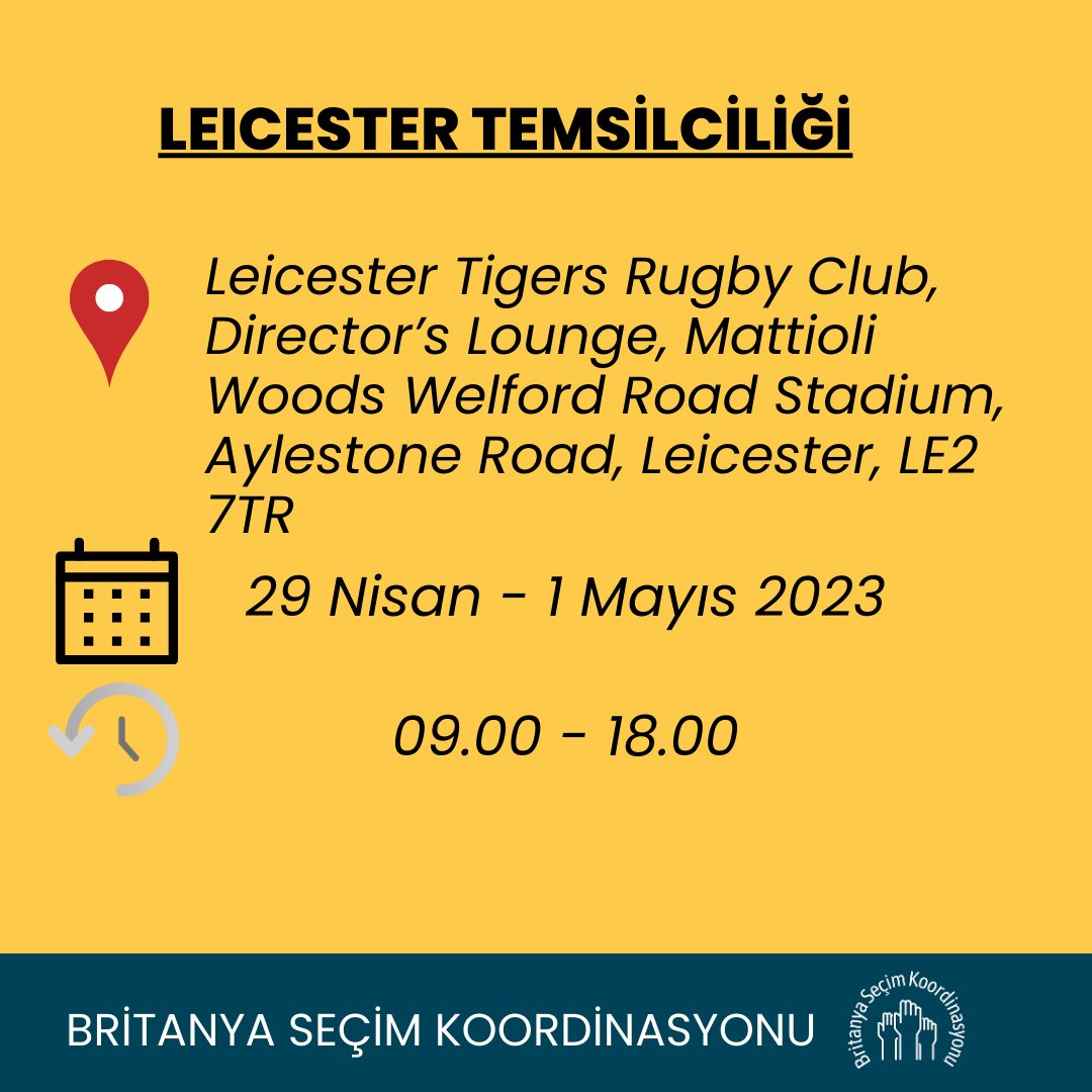 BritanyaSecim's tweet photo. #14Mayıs seçimlerinde #Leicester 'da oy kullanılacak adres, gün ve saat bilgileri 👇Leicester'da yaşayan seçmenler için son oy kullanma tarihi 1 Mayıs! https://t.co/tNNyTuRSva