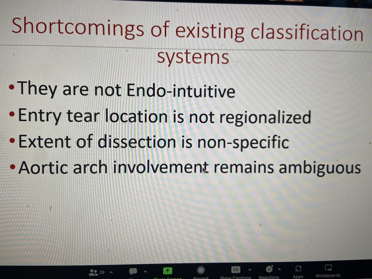 Terrific @UHVascular Beck lecture by @VascSurgMD on aortic dissection. Are you using the 'new' SVS/STS classification? Type A vs B defined by entry tear location with addition of extent, chronicity, and complications @JaeChoMD @KaremHarthMD @HarringtonHVI