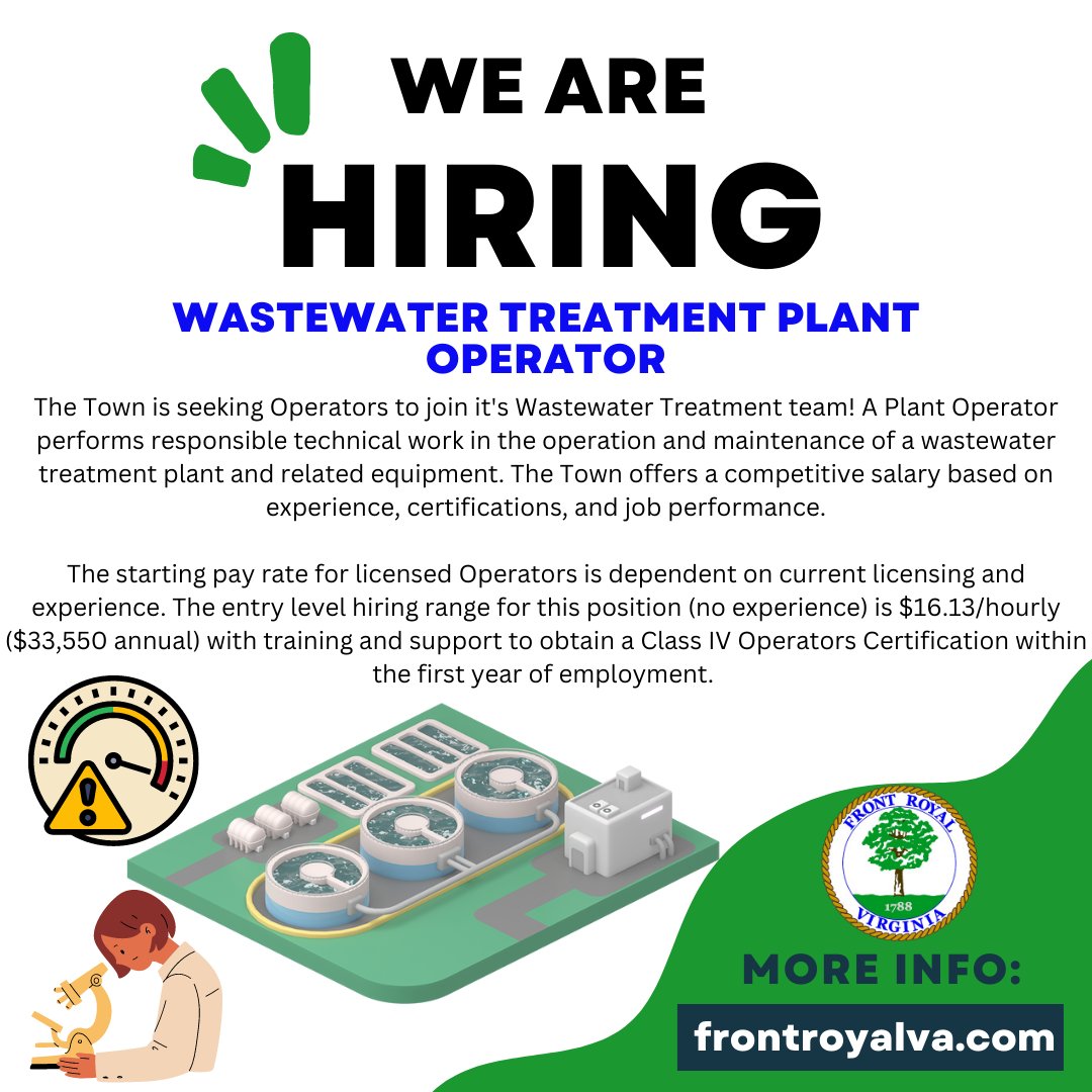Job Spotlight 📌 Wastewater Treatment Plant Operator- starting hiring pay $16.13/hr governmentjobs.com/careers/frontr… #workwhereyoulive #frontroyalva #governmentjobs #shenandoahvalley #localgovernment #hiringnow #jobseekers #JobOpportunity