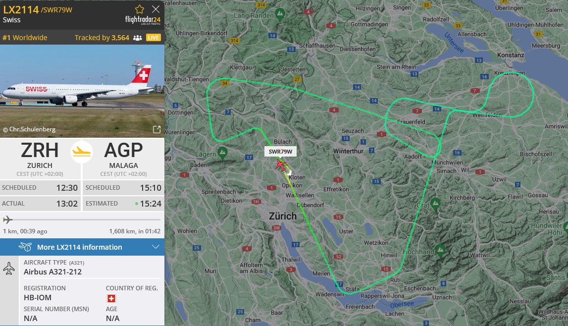 #LX2114 from #ZRH to #AGP has returned to ZRH shortly aftr takeoff. any reason known yet? <a href="/FlySWISS/">Swiss Intl Air Lines</a>  <a href="/zrh_airport/">Zurich Airport</a> <a href="/skyguide/">Skyguide</a>