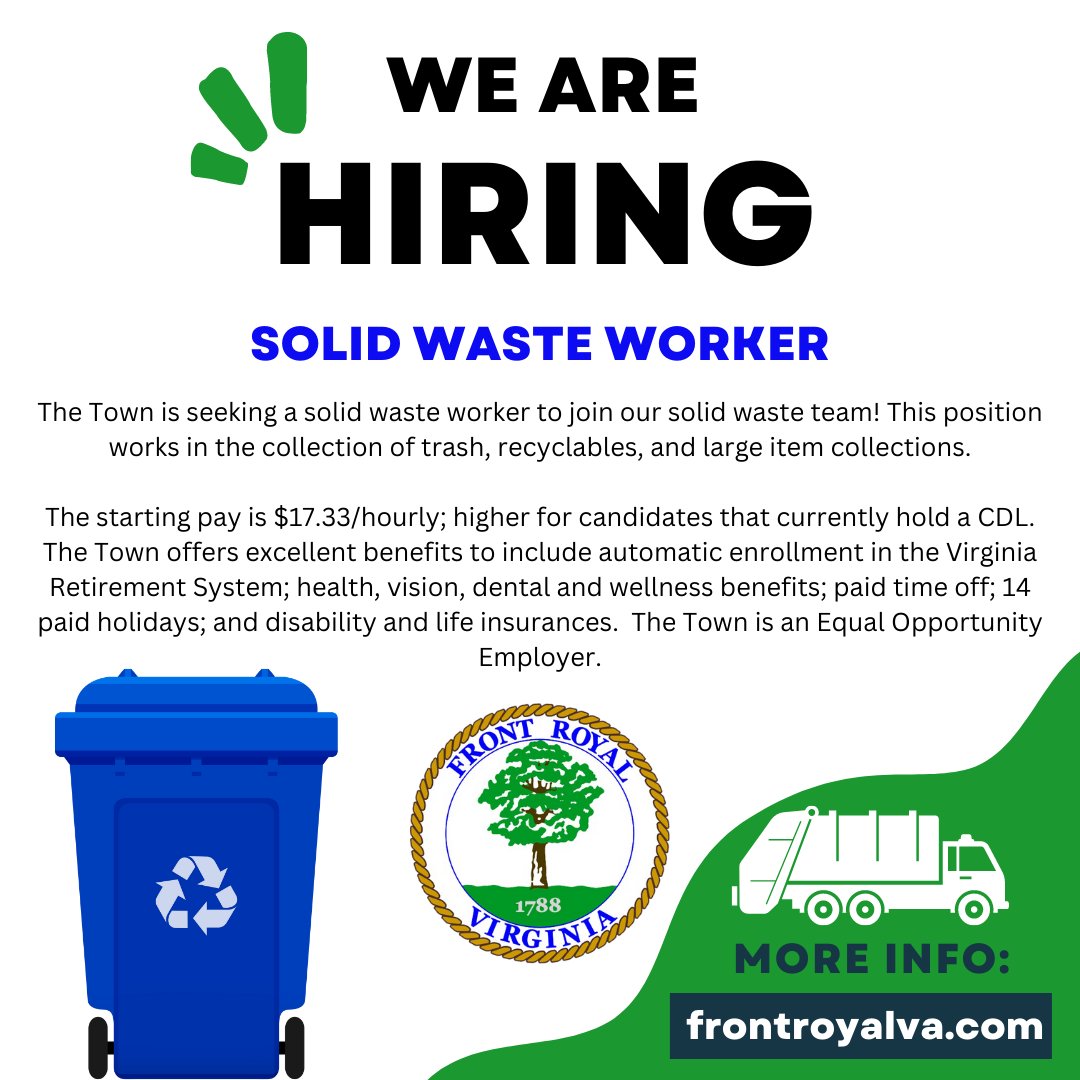 Job Spotlight 📌 Solid Waste Worker - starting hiring pay $17.33/hr, higher for candidates with a current CDL governmentjobs.com/careers/frontr… #workwhereyoulive #frontroyalva #governmentjobs #shenandoahvalley #localgovernment #hiringnow #jobseekers #JobOpportunity #jobseeker #jobs