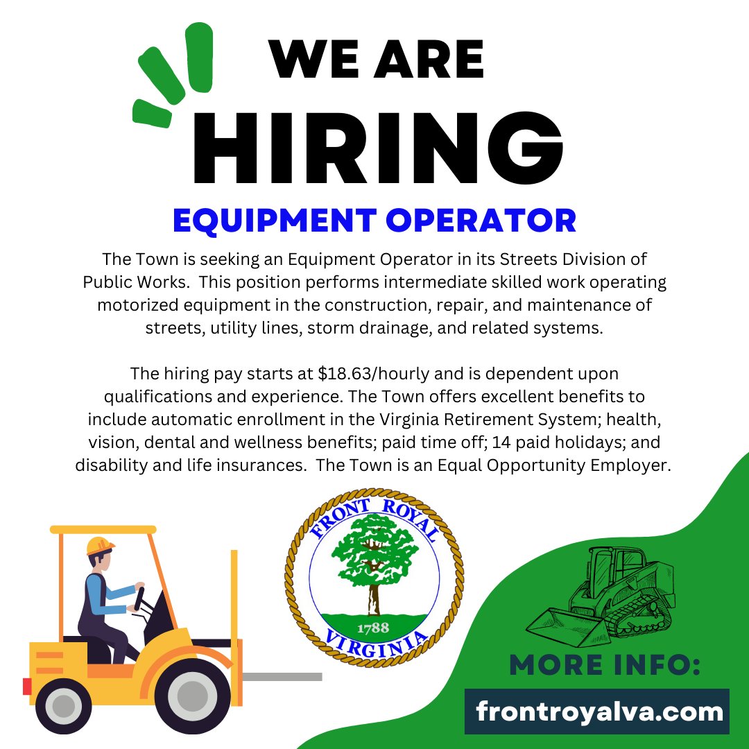 Job Spotlight 📌 Equipment Operator: Streets Team - starting hiring pay $18.63/hr governmentjobs.com/careers/frontr… #workwhereyoulive #frontroyalva #governmentjobs #shenandoahvalley #localgovernment #hiringnow #jobseekers #JobOpportunity #jobseeker #jobs #interview #work #recruitment