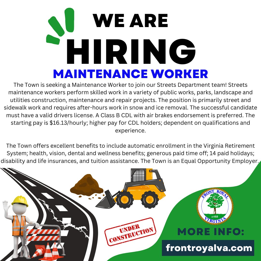 Job Spotlight 📌 Maintenance Worker: Streets Team - starting pay $16.13/hour governmentjobs.com/careers/frontr… #workwhereyoulive #frontroyalva #governmentjobs #shenandoahvalley #localgovernment #hiringnow #jobseekers #JobOpportunity