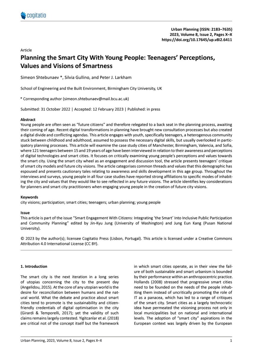My first #PhD paper is in press! 

Planning the #SmartCity With #YoungPeople: #Teenagers’ Perceptions, Values and Visions of #Smartness

It is shining a light on an aspect of #futurecities often overlooked  - teens! 

OPEN ACCESS, check it out: cogitatiopress.com/urbanplanning/…
