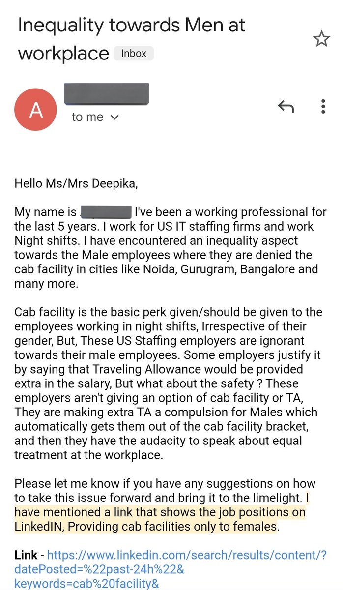 If companies can provide cab facility for women at night, why can't they provide it to men ?

Young men are seeing discrimination happening in corporates in the name of Equality and questioning it too.