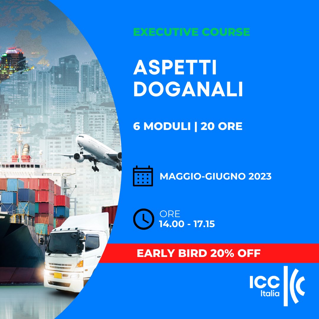 ICCItaly's tweet image. Vuoi approfondire gli aspetti su classificazione #doganale, origine della #merce, valore in #dogana, disposizioni in materia di #accise e #tributi doganali? 

Il prossimo 9 maggio inizia l’Executive Course su Aspetti Doganali

Early bird fino 15/04: bit.ly/3Kv8F9Z