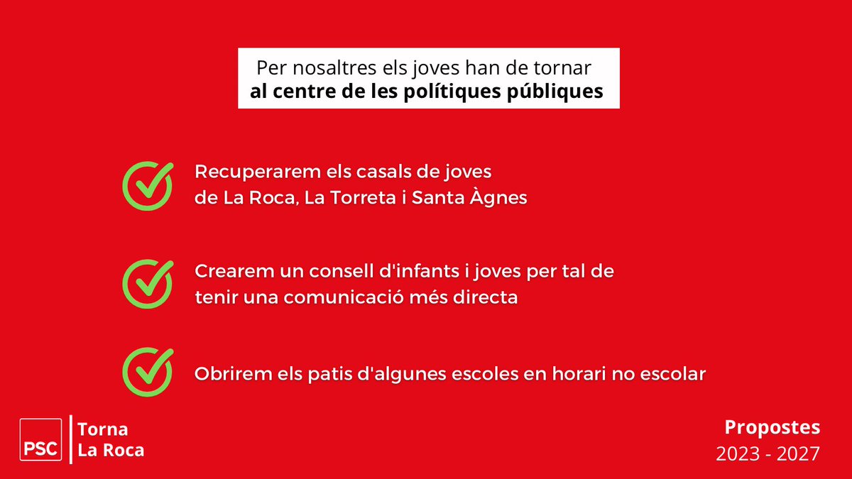 🤝 Per nosaltres els joves han d’estar al centre de les polítiques públiques.

❤️ Torna La Roca

#tornalaroca #larocadelvalles #santaagnesdemalanyanes #latorreta