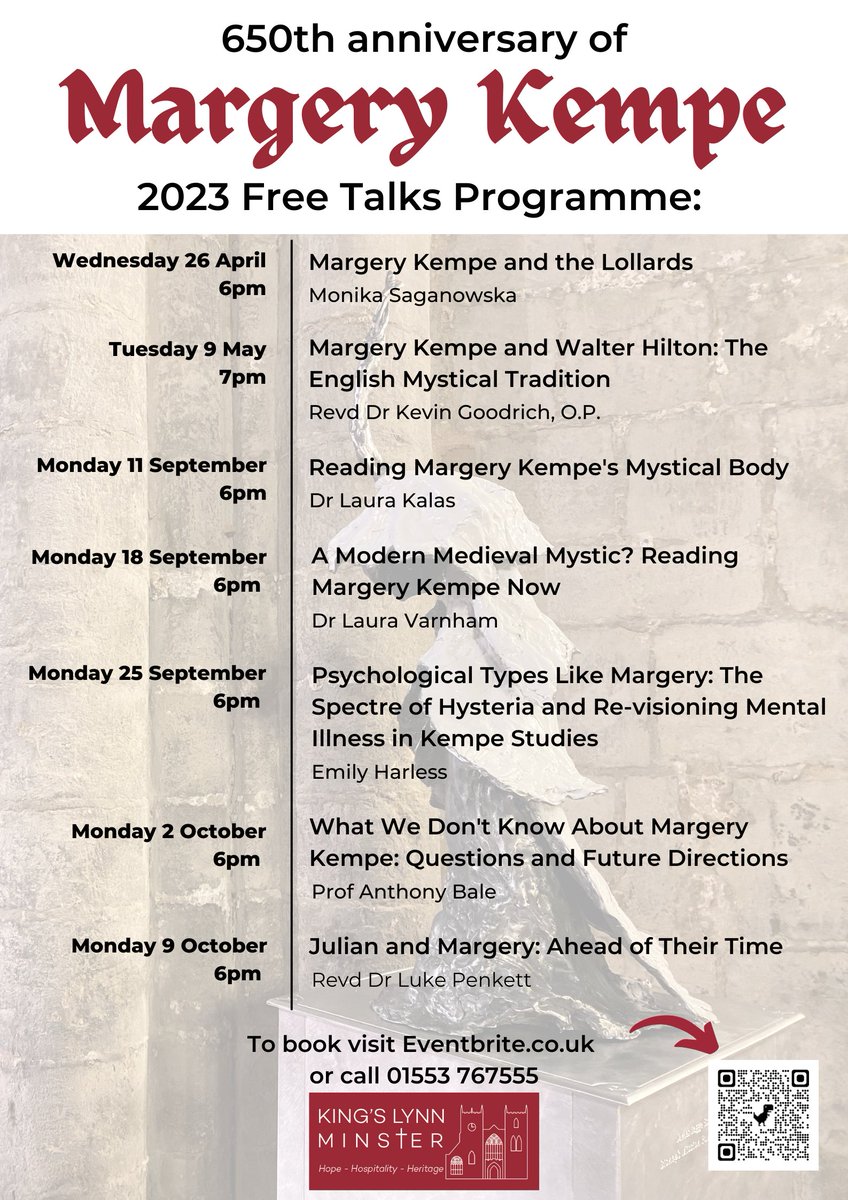 ✨ Our talks programme is back, celebrating the 650th anniversary of the birth of Margery Kempe!

The first talk is coming up on Wednesday 26 April at 6pm – join Monika Saganowska to find out more about the Lollards.

🎟️ Book here: bit.ly/KLMinsterEvents or or call 01553 767555
