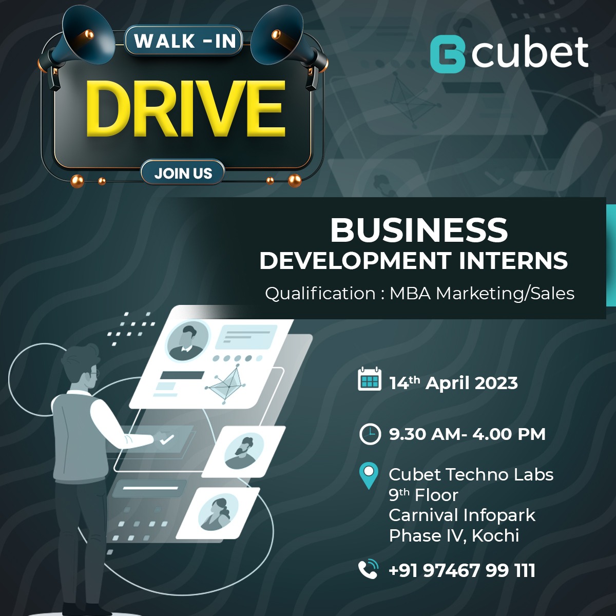 kerala_it's tweet image. Job seekers! Here is an opportunity to join #CubetTechnoLabs based out of Infopark Kochi. Talented individuals who are interested go work in the field of business development may join the Walk-in Drive on April 14, 2023 at Cubet.

#KeralaIT #ITParks #KeralaITParks #Hiring