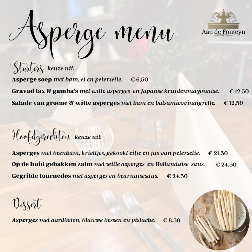 AandeFonteyn's tweet photo. ASPERGES,ze zijn er weer!🍽
Vanaf aanstaande zaterdag kunt u genieten van dit aspergemenu.Deze wordt aangeboden buiten onze dinerkaart om.Vraagt u zich nou af,asperges in een dessert?De zoetigheid van de witte asperge smaakt verrassend goed in de combinatie met het verse fruit.🍓 https://t.co/czdx4Bk9Qr