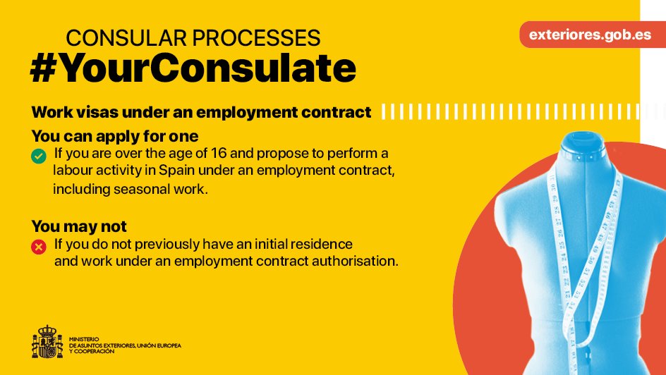 SpainMFA's tweet photo. If you are abroad and need a #WorkVisaUnderAnEmploymentContract to be able to reside and work in Spain, check out all you can and cannot do at #YourConsulate.
Find all the information at https://t.co/1Ujl2Qr5PY https://t.co/EL5LFpmEOl
