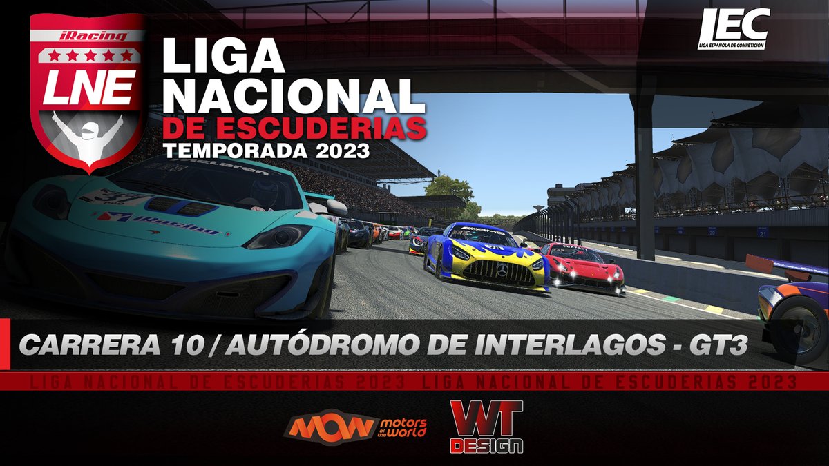 lecesports's tweet photo. 🔴#iRacing 

🏆Liga Nacional de Escuderías 2023 #LNE 

🇧🇷Carrera 10 - Autódromo de Interlagos

🏎️Categoría GT3

⏰20:30h en directo  

📺Sigue la retransmisión aquí https://t.co/U3aWdF8iq7 

❤️#lecesports @MotorsWorld @wearteamdesign #simracing #esports https://t.co/U3RAEnQsBi