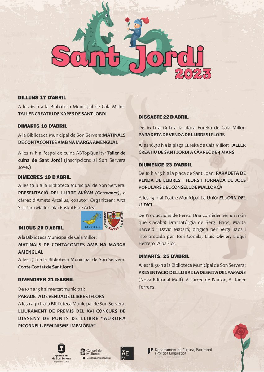 #SantJordi2023 #SonServera
Programa d'activitats:
sonservera.es/portal/p_18_fi…