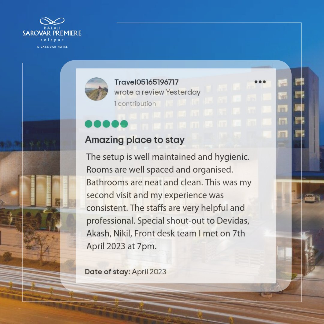 BSPsolapur's tweet photo. Another Happy Customer :)
Our greatest asset is our customers and we thank you for taking the time out to share your experience with us.
Looking forward to creating many more beautiful memories!
#BalajiSarovarPremiere #YourLuxuryPartnerInSolapur
#testimonial #review #testimonials https://t.co/dWKloorhTl