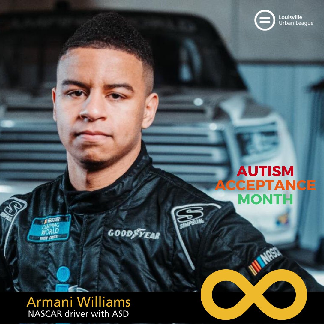 LouisvilleUL's tweet photo. Celebrating Armani Williams, NASCAR Driver with ASD. Diagnosed at age 2, Williams is on the autism spectrum and did not speak until he was 3. April is Autism Acceptance Month #CelebrateDifferences #LULHealth https://t.co/MZn5svWbOl