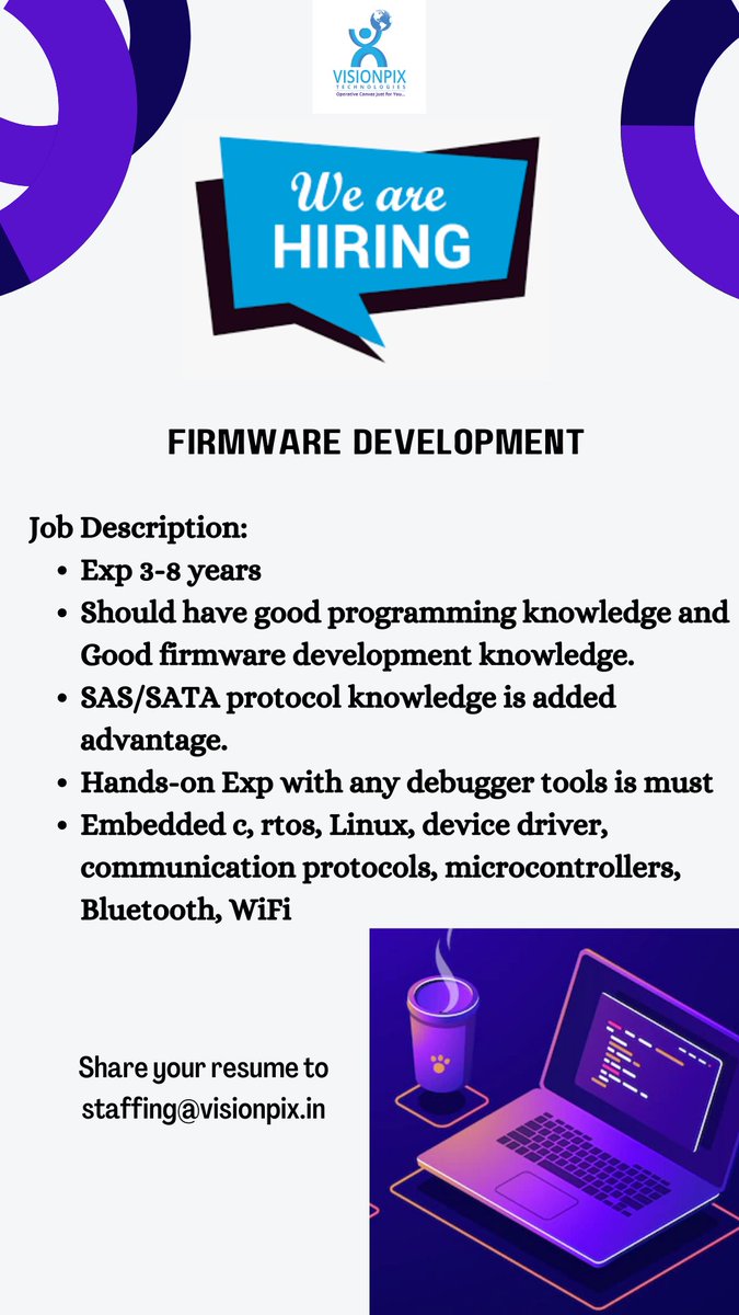 Visionpix_llp's tweet image. We are hiring for a top Product based company.
Interested candidates share your resume to staffing@visionpix.in
#embedded #firmware #firmwareengineer #firmwarejobs
#embeddeddeveloper #embeddedsoftware #embeddedsystems #bangalorejobs