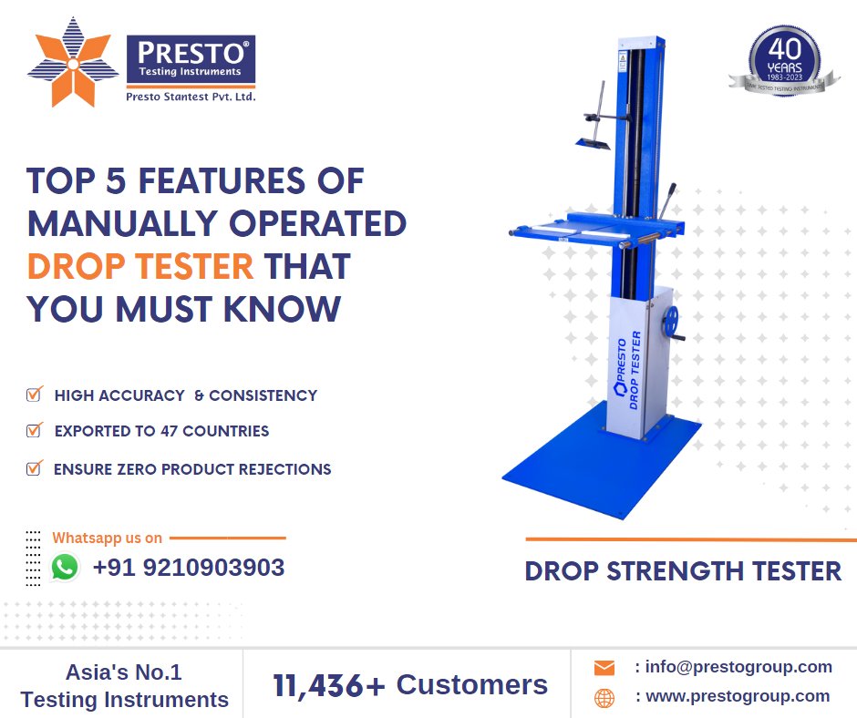 PrestoGroup's tweet image. Presto being the leading #testing_instrument manufacturer, has designed a high-quality drop tester that is used to determine the #drop_strength of paper &amp;amp;  packaging materials when dropped from a certain height.
read more:  bit.ly/43s72SX
Call +91 9210903903
#dropstester
