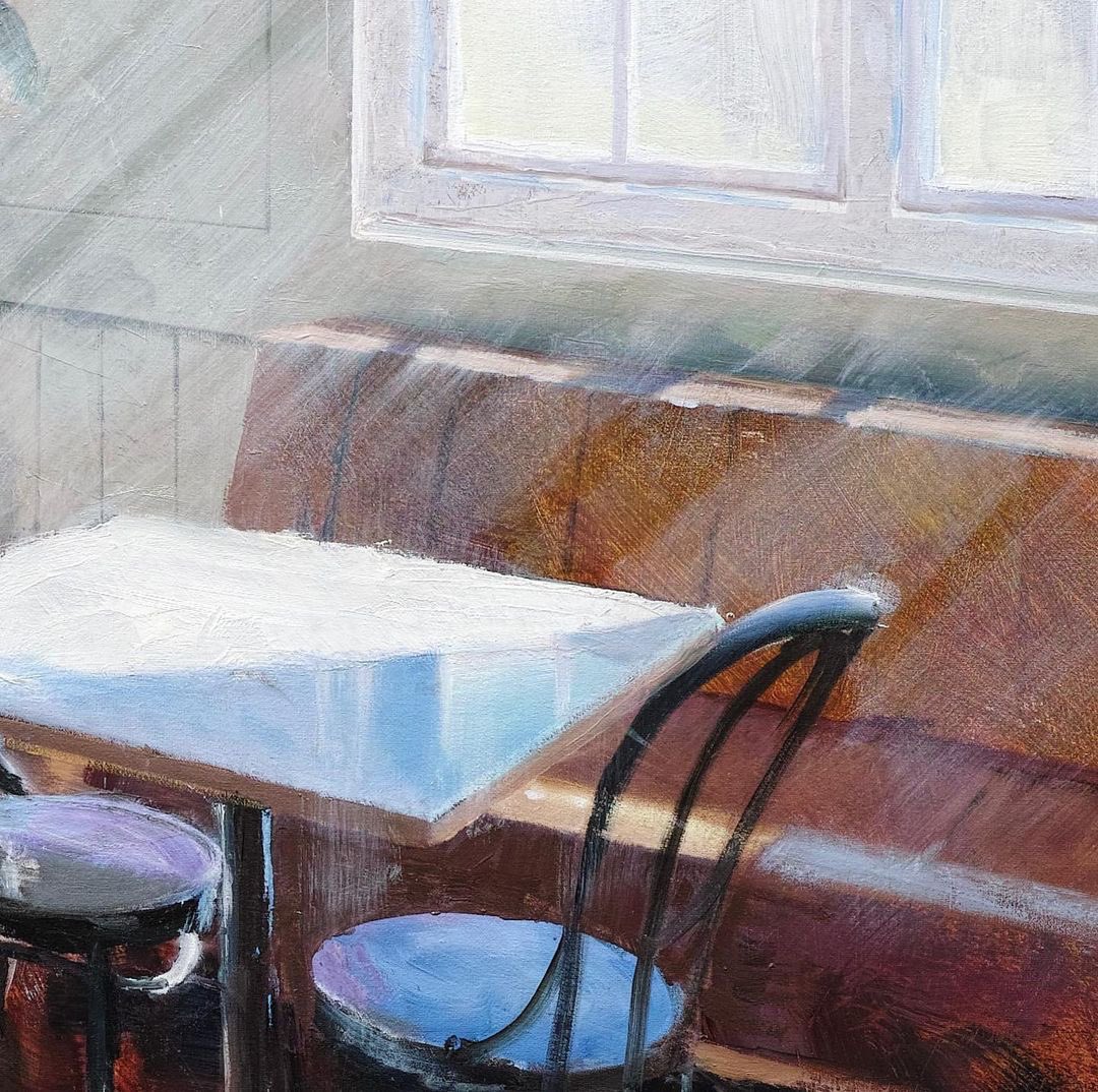 Cafe morning by <a href="/TimGoffe/">Tim Goffe</a> 
30x30 inches

‘Not particularly gritty subject matter but the idea was to capture the gorgeous light light falling on different types of surfaces. I hadn’t looked at it closely for a while.’  <a href="/TimGoffe/">Tim Goffe</a> 
.
.
#deltahousestudios #art #newart #artist