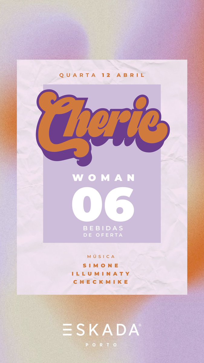 Hoje Eskada Porto - Cherie 

Elas —> 5€ com 6 bebida
Eles —> 11€ com 1 bebida

GUEST LIST - QR code obrigatório, regista te já: guestlist.wikinight.eu/julianapereira

• PRIVADOS • ANIVERSÁRIOS 📥