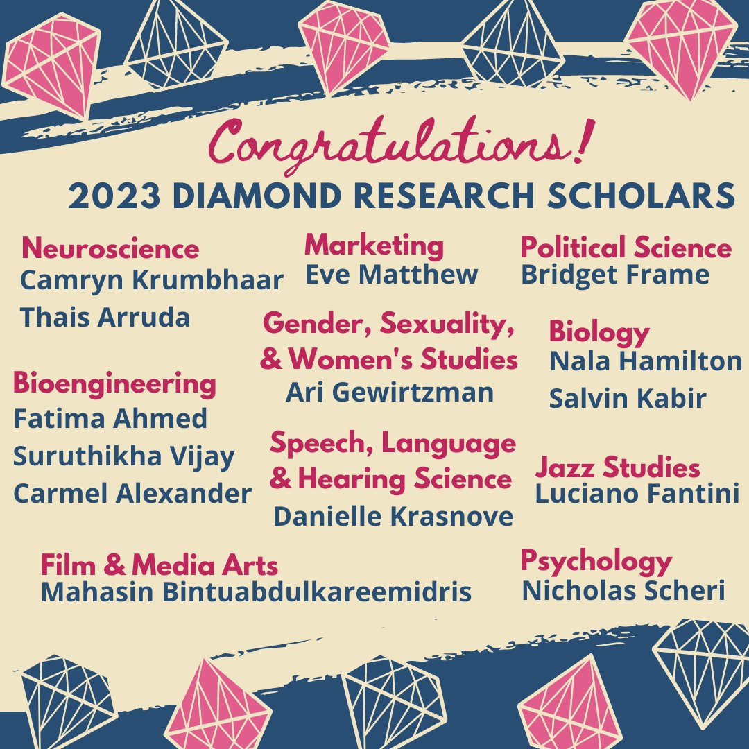 Introducing the brilliant 2023 cohort of 💎#diamondresearchscholars! 💎 

Representing STEM, social sciences, humanities, arts,  music, business- these scholars will spend the summer and the fall  semester developing in-depth research projects. Stay tuned!👏