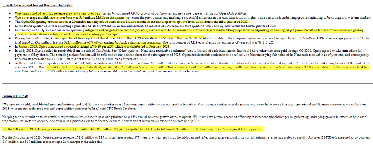 smantel's tweet photo. $OPRA Deep dive complete. Wow. Like this alot. 3% global browser mkt. #5 after Firefox. Web3 Browser, deploys #AI-powered tech personalizing  browsing experience. Opera News, an #AI-powered personalized news discov. & aggreg. service. <14.3X sandbagged '24E EPS for co. that delivered ~33% Rev growth in '22 & 23.8% EBITDA margins in MRQ. EV/EBITDA < 8X. ARPU up staggering 42% last yr. converts ~20c of every $1 in Rev into FCF. Bought back 23% of ADR's outst. in '22 & paid 80c special divy. $50M buyback in place. One analyst $14 target - way too low imho. $20 defensible here.🧐
Thanks @sleepy_bearrrr (must follow imho) for putting this on my radar.