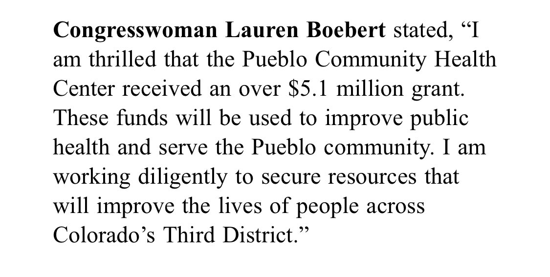 CO Rep Lauren Boebert says she helped secure a $5,109,735 grant for Pueblo Community Health Center through the FY23 funding bill.

Boebert voted against the appropriations bill that contained the money for community health centers. 

#copolitics