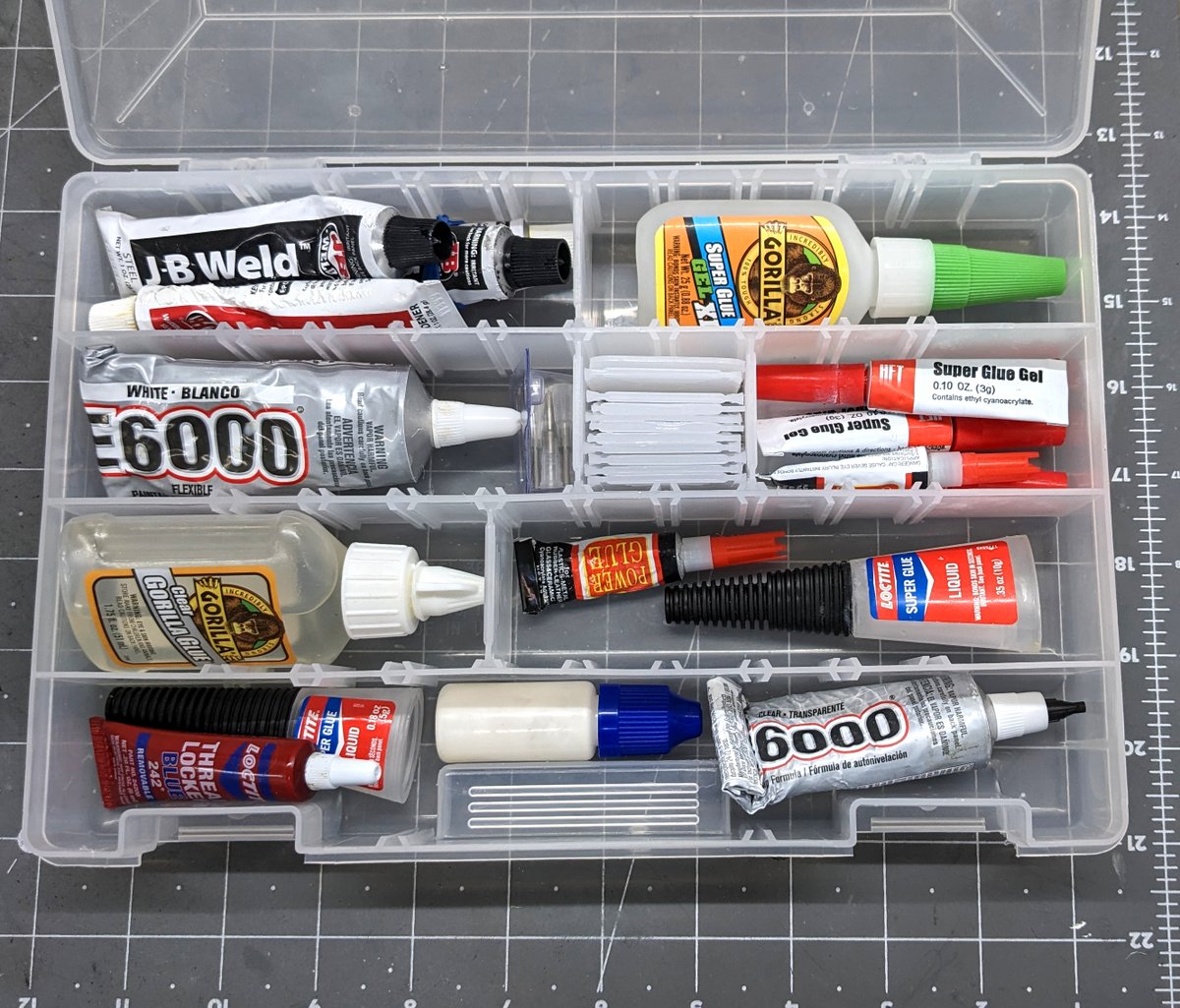 rad_bench's tweet photo. What's in your glue box? 

#gluebox #adhesive #3dprinting #caglue #e6000 #gorillaglue #loctite #superglue https://t.co/Xeh5UHoAJY