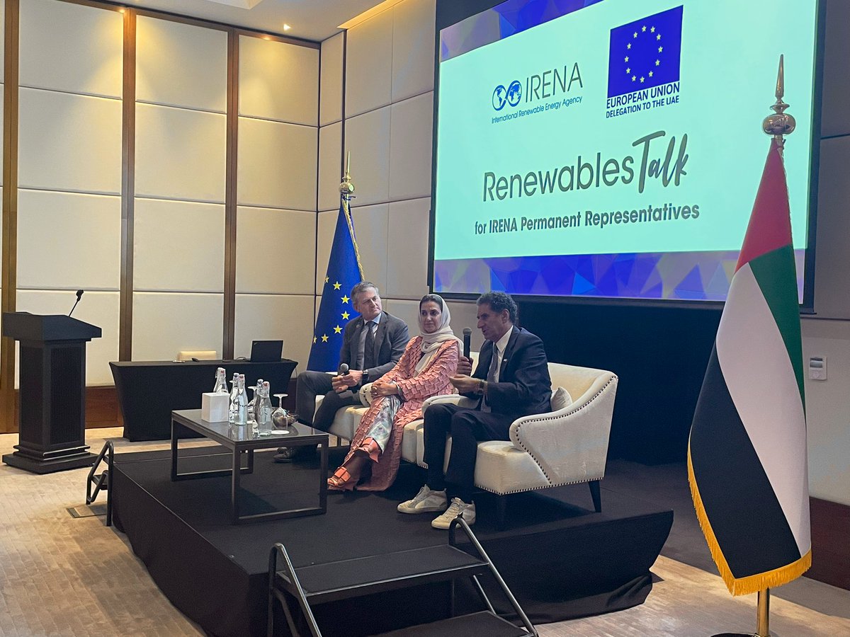 IRENA's tweet photo. 📸Today @IRENA, @EUintheUAE and @UAEMissionIRENA co-hosted the 11th Renewables Talk for IRENA Permanent Representatives to discuss the opportunities and challenges of the #EUGreenDeal and exchange best practices on accelerating renewable energy deployment. https://t.co/VZnIQYbixO