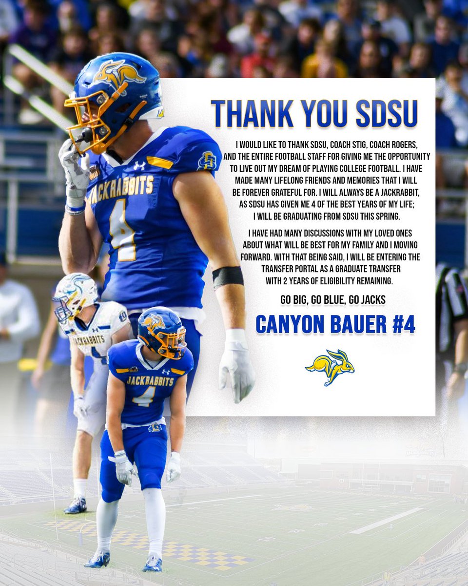 After many discussions with my loved ones, I have decided to enter the transfer portal as a graduate transfer with 2 years of eligibility remaining. Thank you to Coach Stig, the entire coaching staff, and my teammates for my time at SDSU-I'm forever grateful.