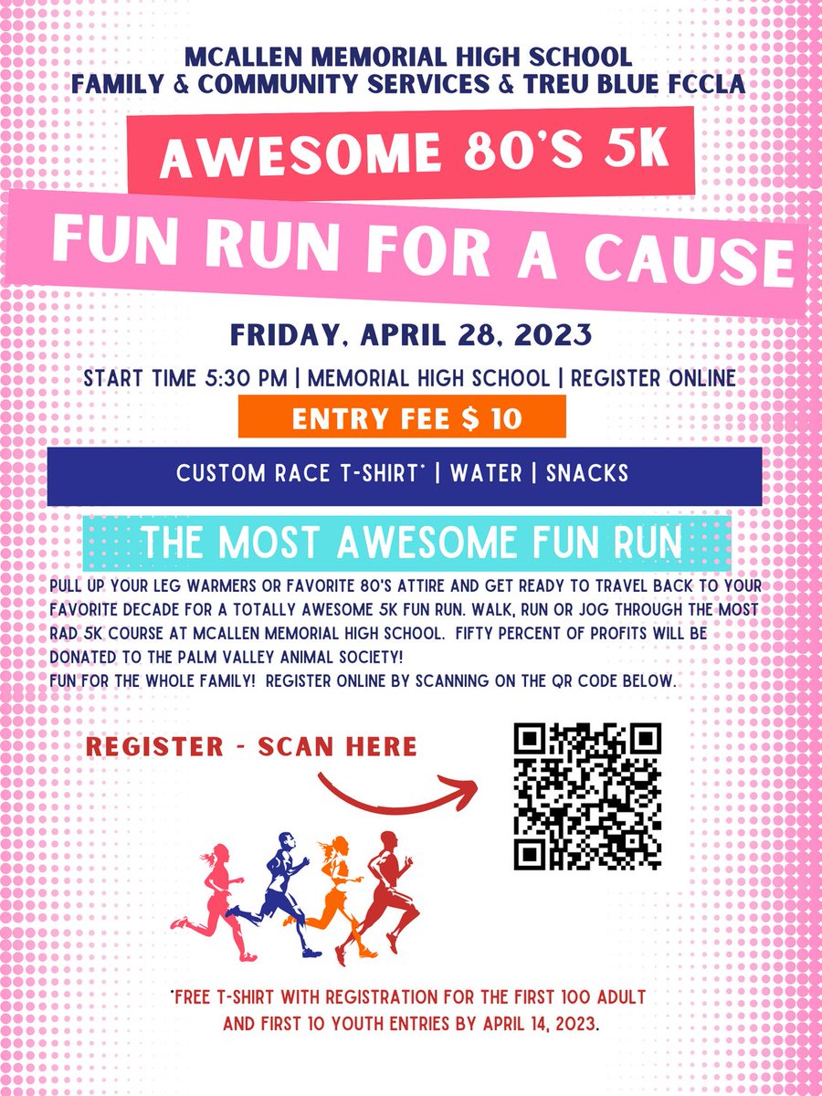 Time Flies!  16 Days until the 1st Annual 80's 5K Fun Run for a Cause!  First 100 get a custom race t-shirt!  Register using the QR Code on the flyer!  Our cause - The Palm Valley Animal Society.  <a href="/mcallenisdcte/">McAllen ISD CTE</a> <a href="/mcallenmemorial/">Memorial High School</a>