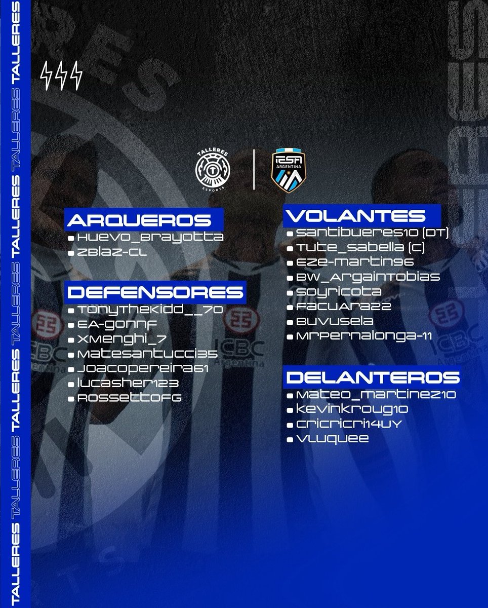 TalleresEsports's tweet photo. #FIFA23 #CLUBESPRO 

Presentamos a nuestro plantel que estará representandonos en @IESAFIFAar para disputar la primera división.

@AmigosDelProfe 🫱🏻‍🫲🏼 

¡VAMOS TALLERES! 💙 https://t.co/YIu2usvc3i