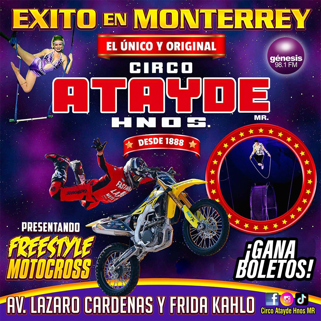 genesis981fm's tweet photo. El grandioso Circo Atayde Hnos celebra su 135 Aniversario! 🥳

¡Presentando por primera vez a los pilotos acrobáticos Freestyle Másters Motocross! 🏍️🍿

Solo tienes que:
🍀 Comenta tu nombre completo y con quien te gustaría ir y ya estás participando por tus accesos. 🎪📣 https://t.co/QSVvM4zF9N