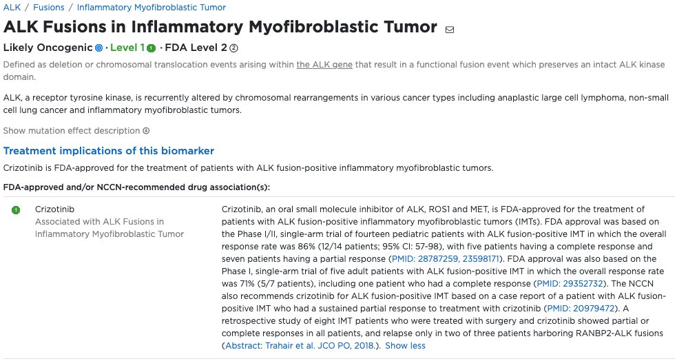 GAME CHANGING <a href="/OncoKB/">OncoKB™</a> release just in time for #AACR23! 

Introducing pages w/ the clinical implications of a mutation found in specific cancers &amp; incl descriptions of the trial data underpinning level assignments
(eg ALK fusions in IMT): 
oncokb.org/gene/ALK/Fusio…

You're welcome!