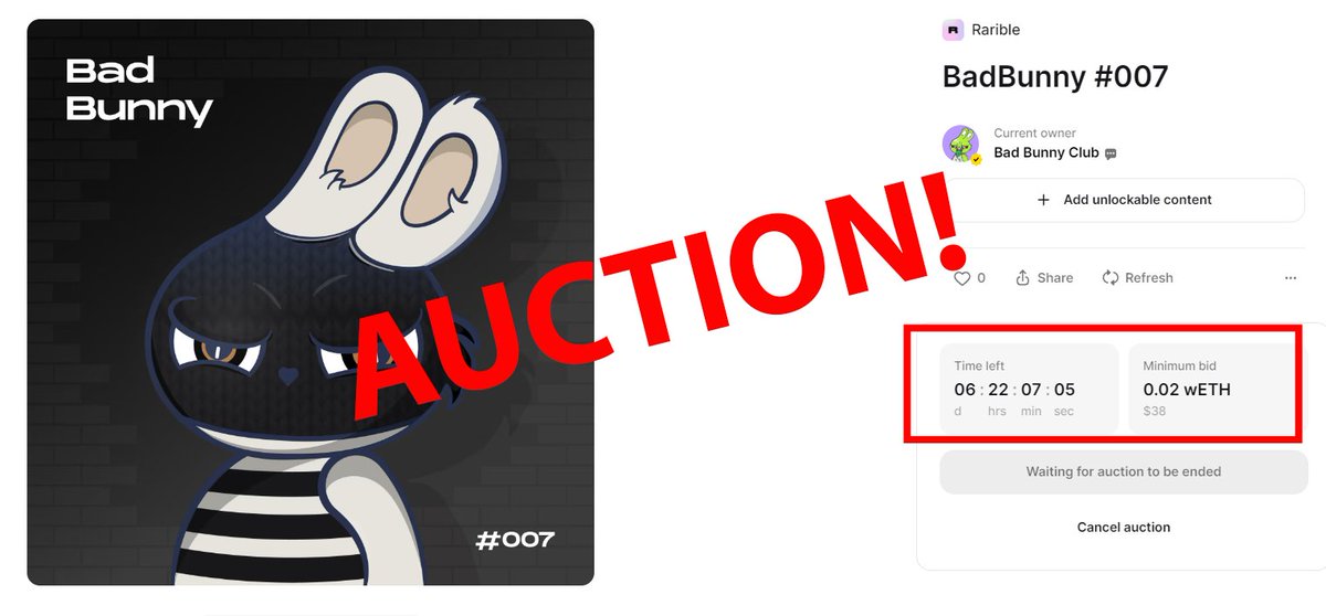Auction has started!
Another BadBunny prisoner is on the way and ready for your vote!🔥🖤

Tap here👇
rarible.com/token/0xc91544…🐰

#sale #auction #NFT #Rarible #Raribleart #BadBuunny #Rose #blackpink #bunny #VoteforSafe