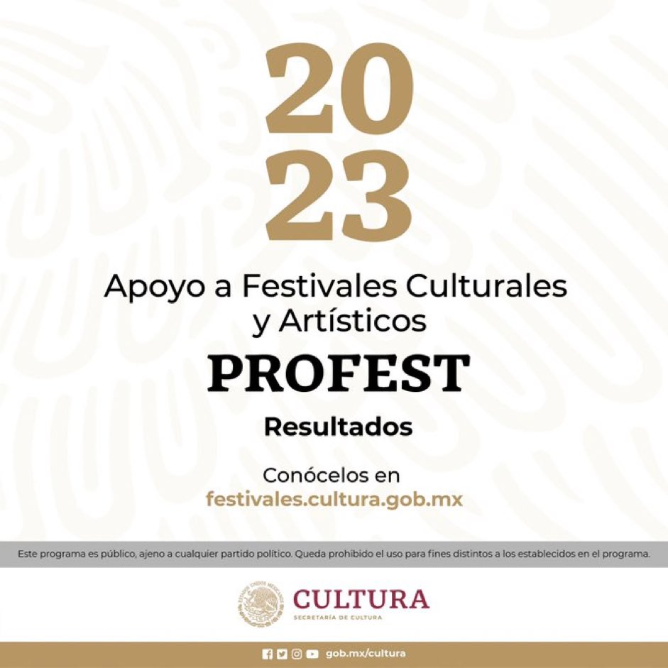 cultura_mx's tweet photo. La Secretaría de Cultura da a conocer los resultados de la Convocatoria Apoyo a Festivales Culturales y Artísticos #PROFEST2023, que contribuye a la descentralización de la cultura en todo el país.

🔗 https://t.co/4b9jLyAqb7 https://t.co/tltKPNJU1S