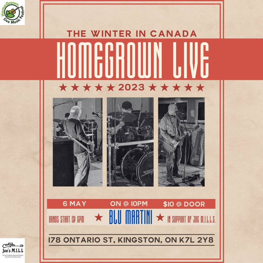 WinterinCanada's tweet photo. It's happening! Homegrown Live we'll be at the Blu Martini on at 10ish!!!

The 15th annual @homegrownliveygk Live Music Festival takes place Saturday, May 6, 2023 in Kingston. https://t.co/il9dCQVvkx