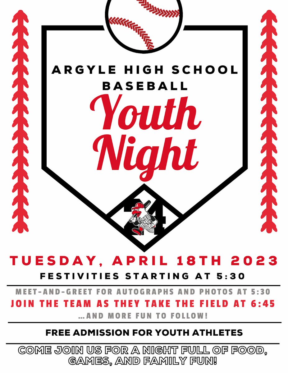 Do not forget YOUTH NIGHT at the Ballpark in Argyle next Tuesday! (4/18)

Also, be on the look out for some of you favorite Eagles TOMORROW morning at ALL Argyle Elementary Schools!👀

<a href="/ArgyleISD/">Argyle ISD</a> I <a href="/ArgyleSports/">Argyle Eagles Booster Club</a> I <a href="/TheTalonNews/">The Talon News</a>