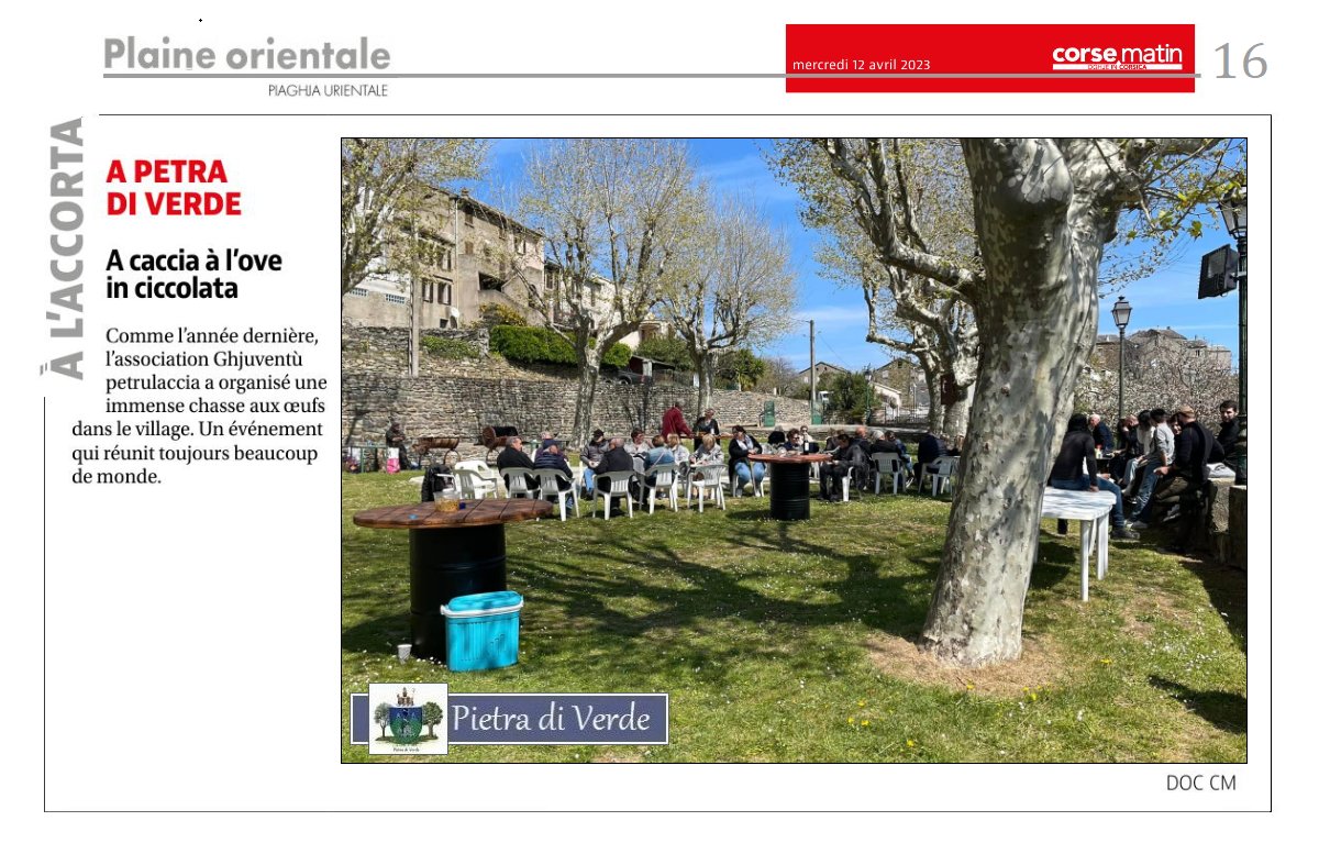 pietra0DI's tweet photo. Extrait du Journal " Corse-matin " du mercredi 12 avril 2023 . Page16 . Plaine orientale - À l'accorta - A Petra di Verde - " A caccia à l'ove in ciccolata " https://t.co/Z0ko6AUaPv