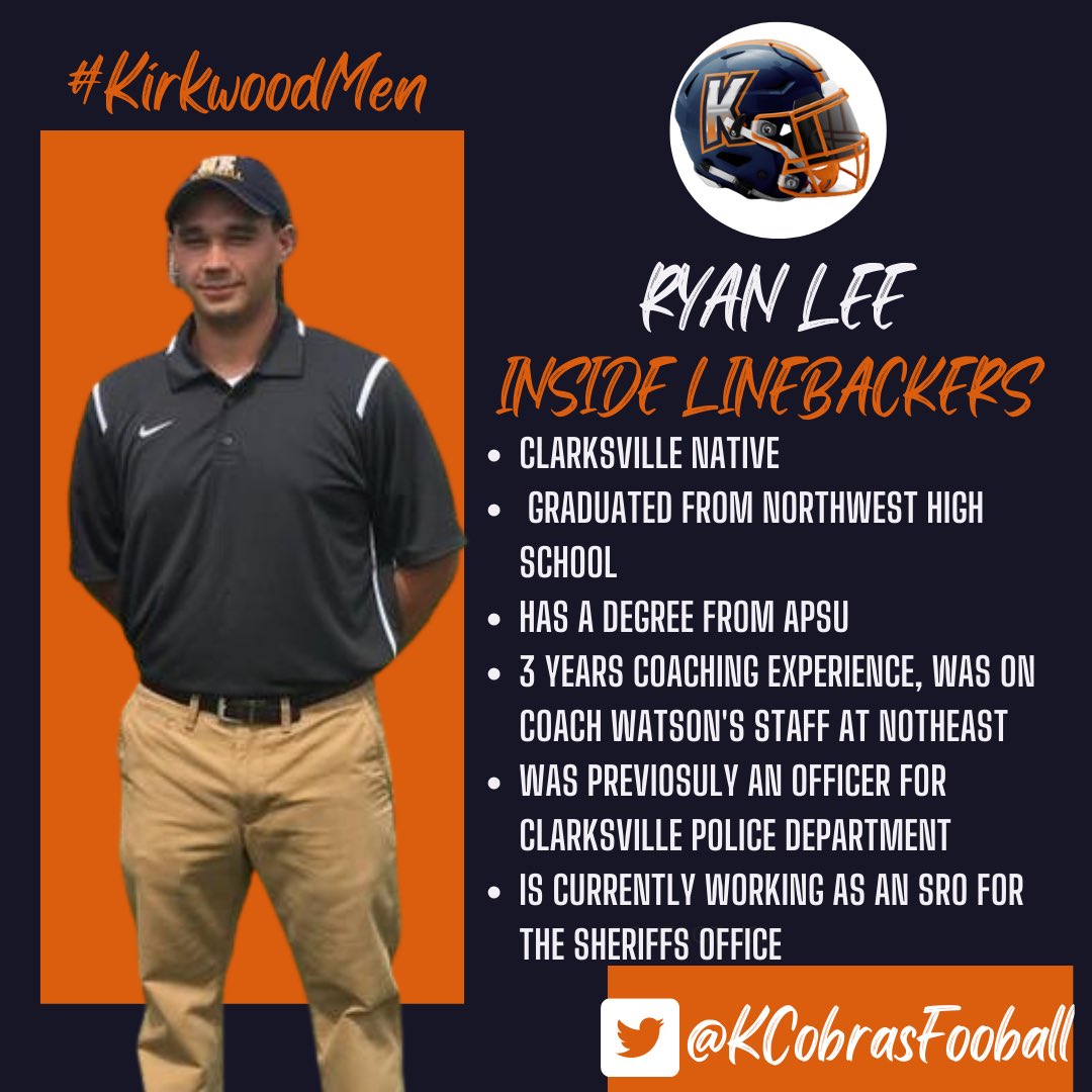 🚨Coaching Hire Announcement🚨 

Meet another Defensive Assistant Coach Ryan Lee

Ryan was on Coach Watson’s staff at Northeast, and is currently working as an SRO for the Sheriffs Department. 

 #KirkwoodMen #StandTall #OrangeSlime🐍