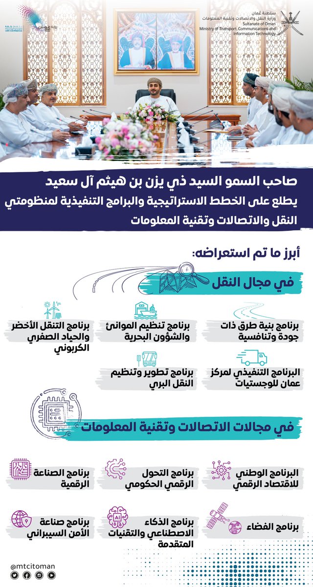 تشرفت وزارة النقل والاتصالات وتقنية المعلومات اليوم بزيارة كريمة لصاحب السمو السيد ذي يزن بن هيثم آل سعيد الموقر وزير الثقافة والرياضة والشباب، اطّلع سموّه خلالها على برامج ومشاريع الوزارة وجهودها في التنويع الاقتصادي.