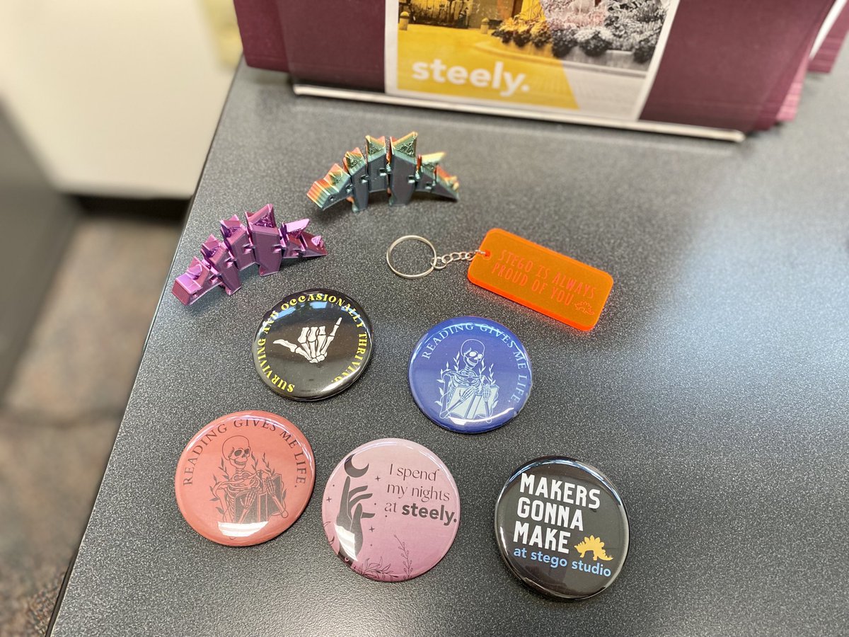 A sneak peek of the fun ⁦@Steely_Library⁩ goodies we’ll be handing out during our Finals Week Stress Relief activities in two weeks, made with pride in our makerspace!