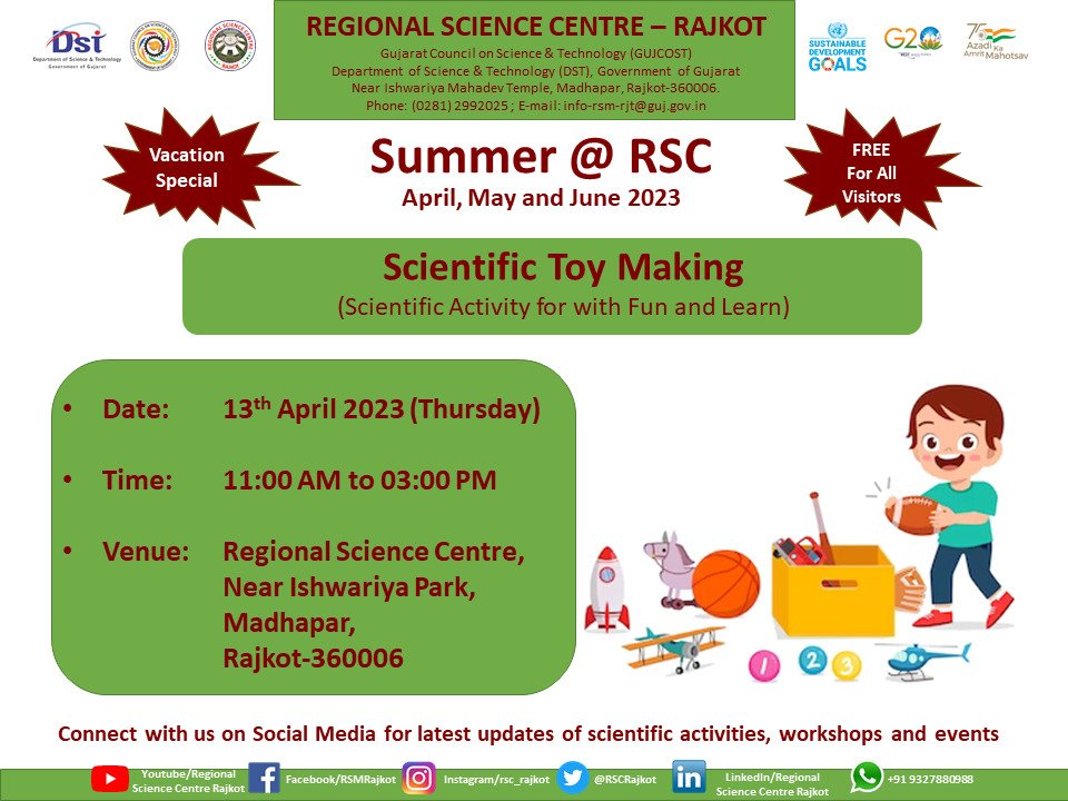 RSCRajkot's tweet photo. Don't miss this opportunity of #ScientificExploration, #creativity & #engineering while having #fun while #learn with '#ScientificToyMaking' activity once again tomorrow at 11 AM for children & parents at @RSCRajkot.
@vnehra @narottamsahoo @InfoGujcost @IndiaDST @dstGujarat https://t.co/8U1MyTwoY4