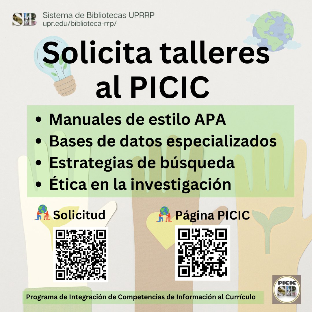 sbuprrp's tweet photo. 🤓 El PICIC es la unidad del Sistema de Bibliotecas que ofrece los servicios educativos dirigidos a desarrollar competencias de información en la comunidad académica.
✔Solicitud 👉 https://t.co/emxqkFcGVO
✔️Página PICIC 👉 https://t.co/gHXGelGfWq
#PICIC @uprrp @iupialdia https://t.co/tqkVraBpwj