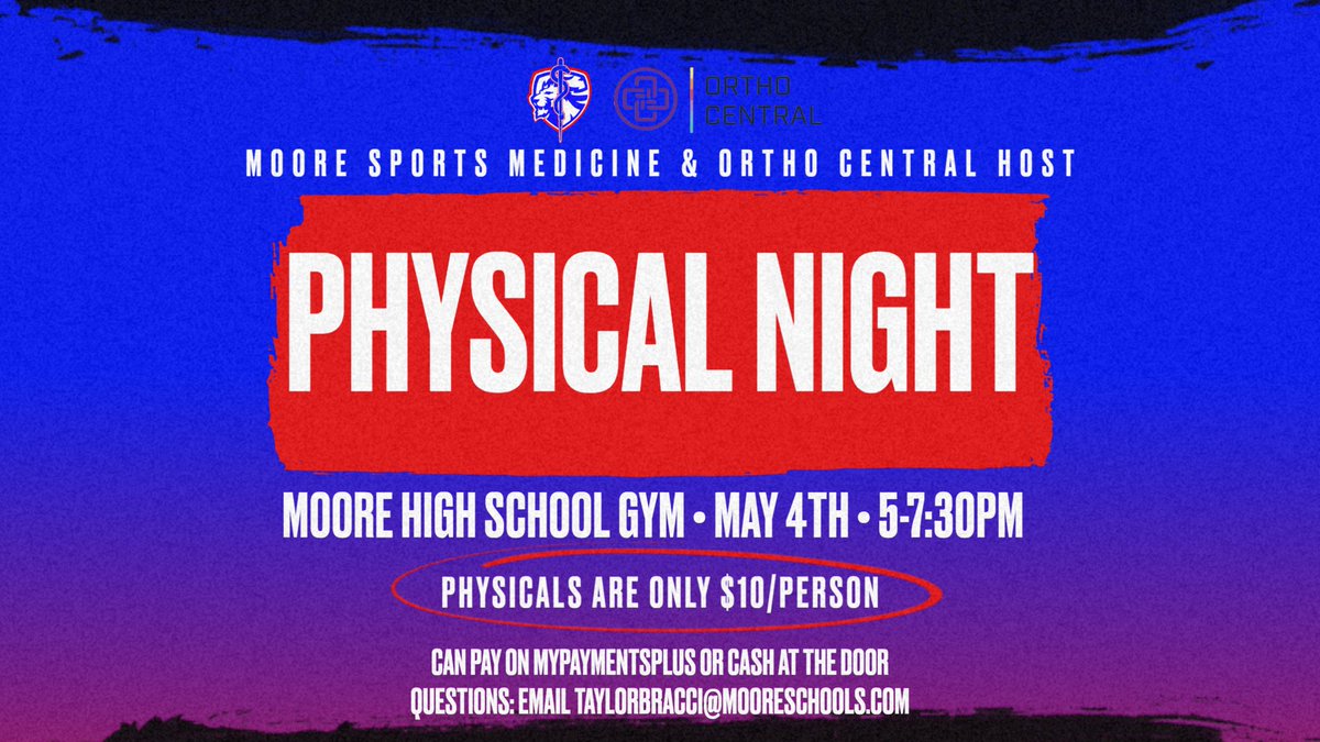 MooreLionsAT's tweet photo. Participating in athletics or band for the 2023-2024 school year? Moore High School’s physical night is Thursday, May 4th from 5-7:30pm. Cost is only $10/person. https://t.co/AnMjgi7WuB