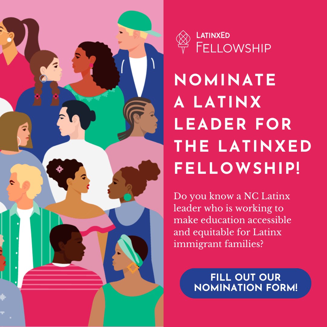 🤔 Do you know an awesome Latinx leader who is passionate about educational equity? Do they live in North Carolina and are at least 13 years old?

📣 Nominate them for our LatinxEd Fellowship: l8r.it/4EGO

#NCEd #LatinxEdFellowship #Education #Leadership
