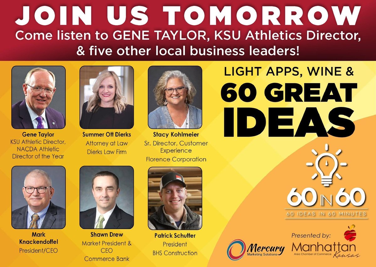 MERCnewsroom's tweet photo. Join Us Tomorrow!

Come listen to Gene Taylor, KSU Athletic Director, and five other local business leaders at the inaugural 60 IDEAS in 60 MINUTES this Thursday at Liquid Art Winery. Get your tickets now! 

https://t.co/sH5aKwgjCd https://t.co/zAfZLM9Bvm