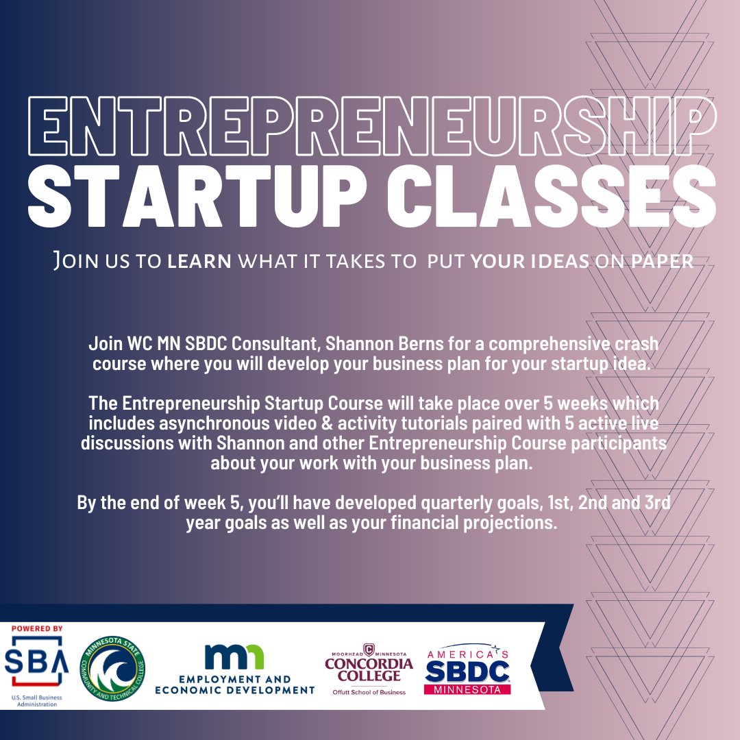 We have another fantastic online Entrepreneurship class coming up that will help you get your business plan on paper! Join us on Tuesdays May 2 - May 30 for our free online 5-session course from 11:30AM - 1PM. 
Register here: mnsbdc.ecenterdirect.com/events/11216